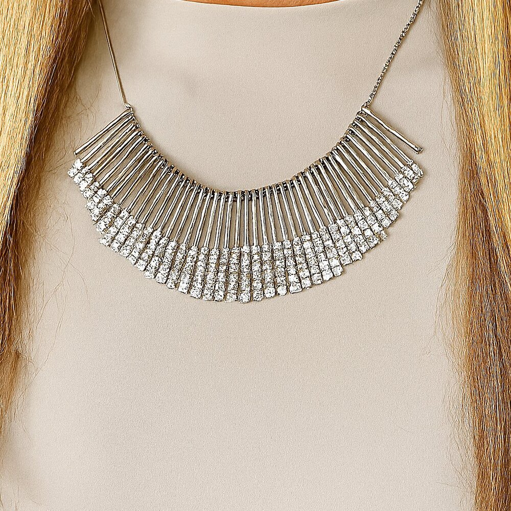 Statement Fan Necklace – Silver & Crystal Radiance (Never been worn)